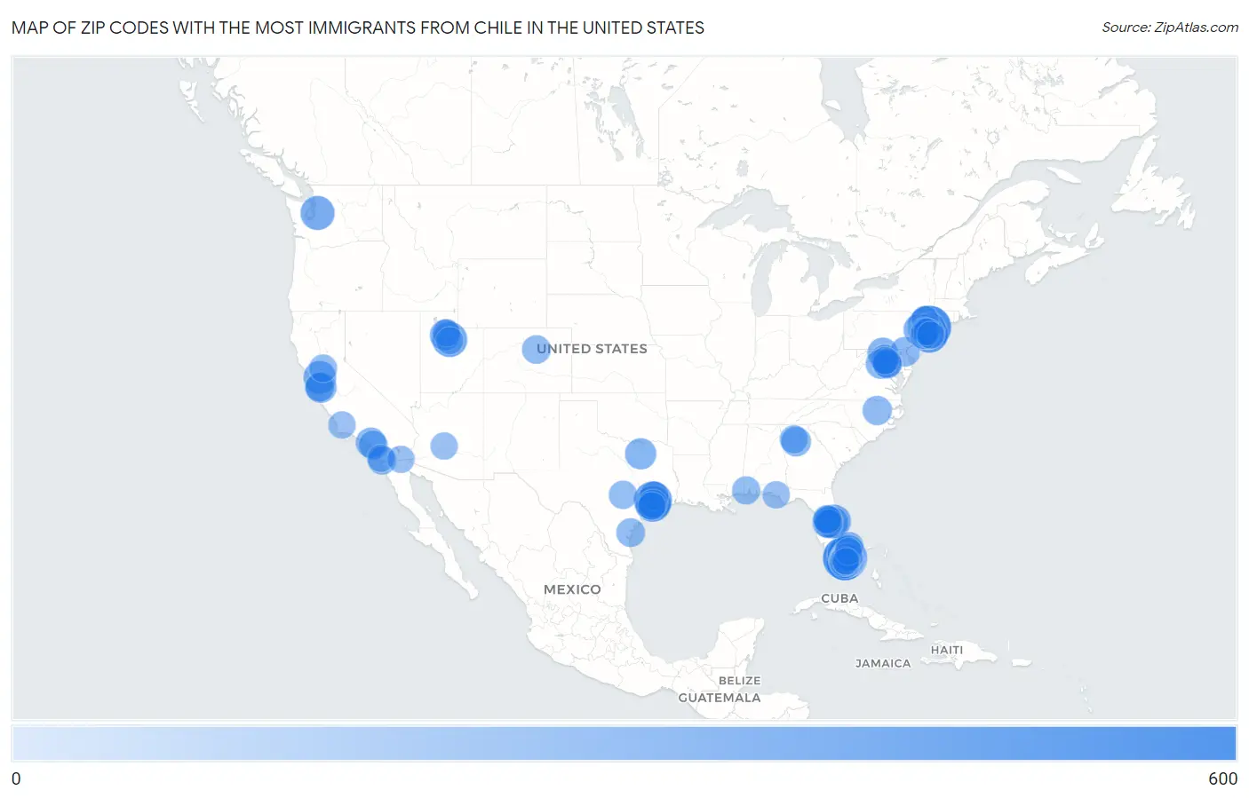 Zip Codes with the Most Immigrants from Chile in the United States Map