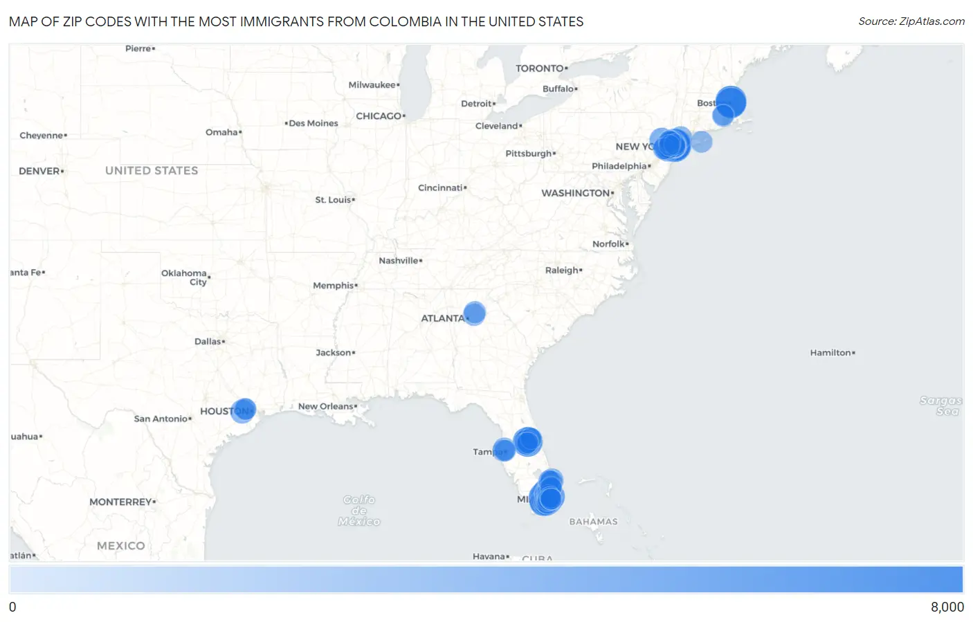 Zip Codes with the Most Immigrants from Colombia in the United States Map