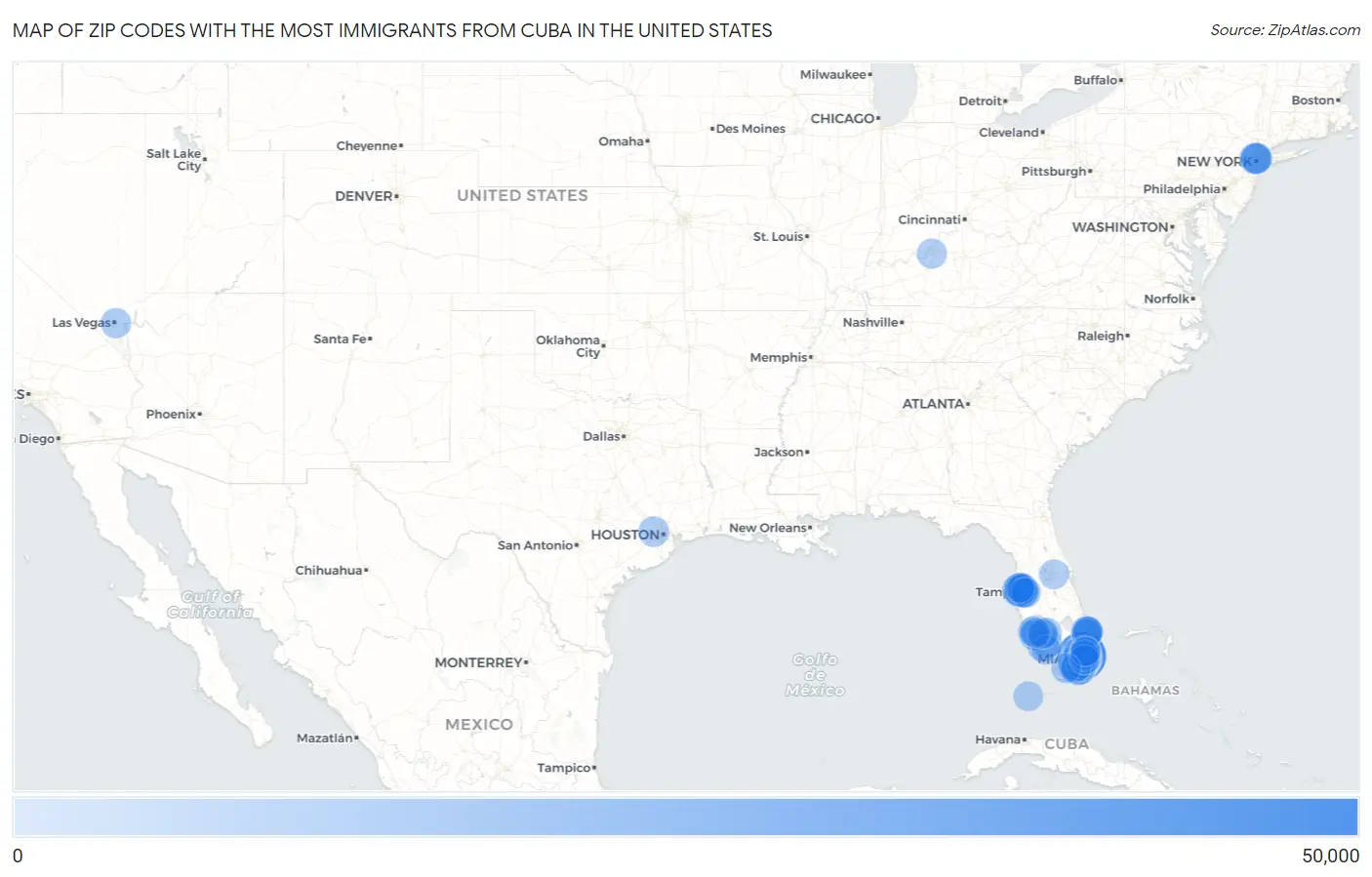 Zip Codes with the Most Immigrants from Cuba in the United States Map