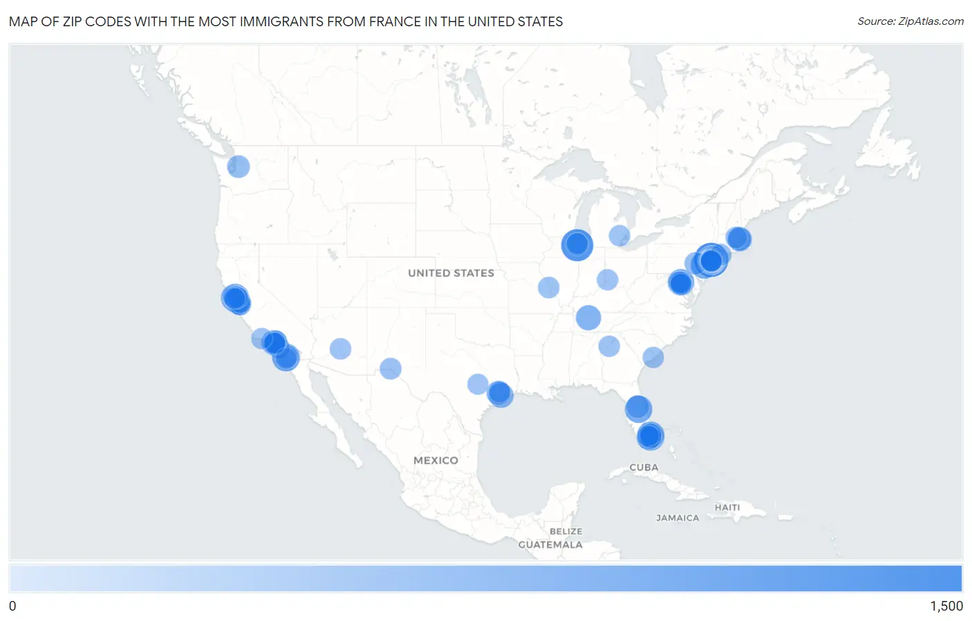 Zip Codes with the Most Immigrants from France in the United States Map