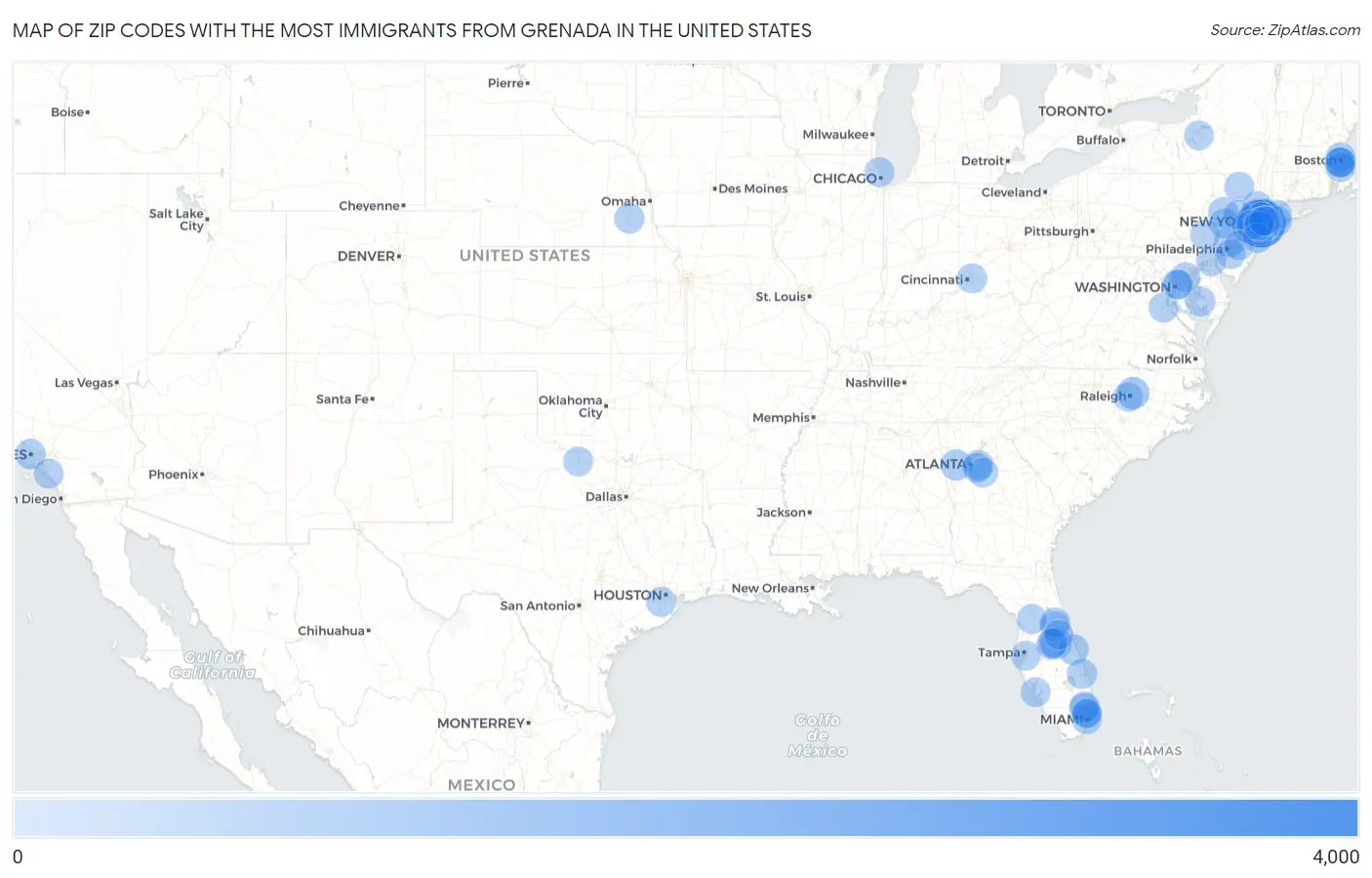 Zip Codes with the Most Immigrants from Grenada in the United States Map