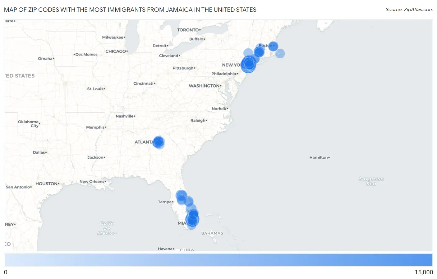 Zip Codes with the Most Immigrants from Jamaica in the United States Map