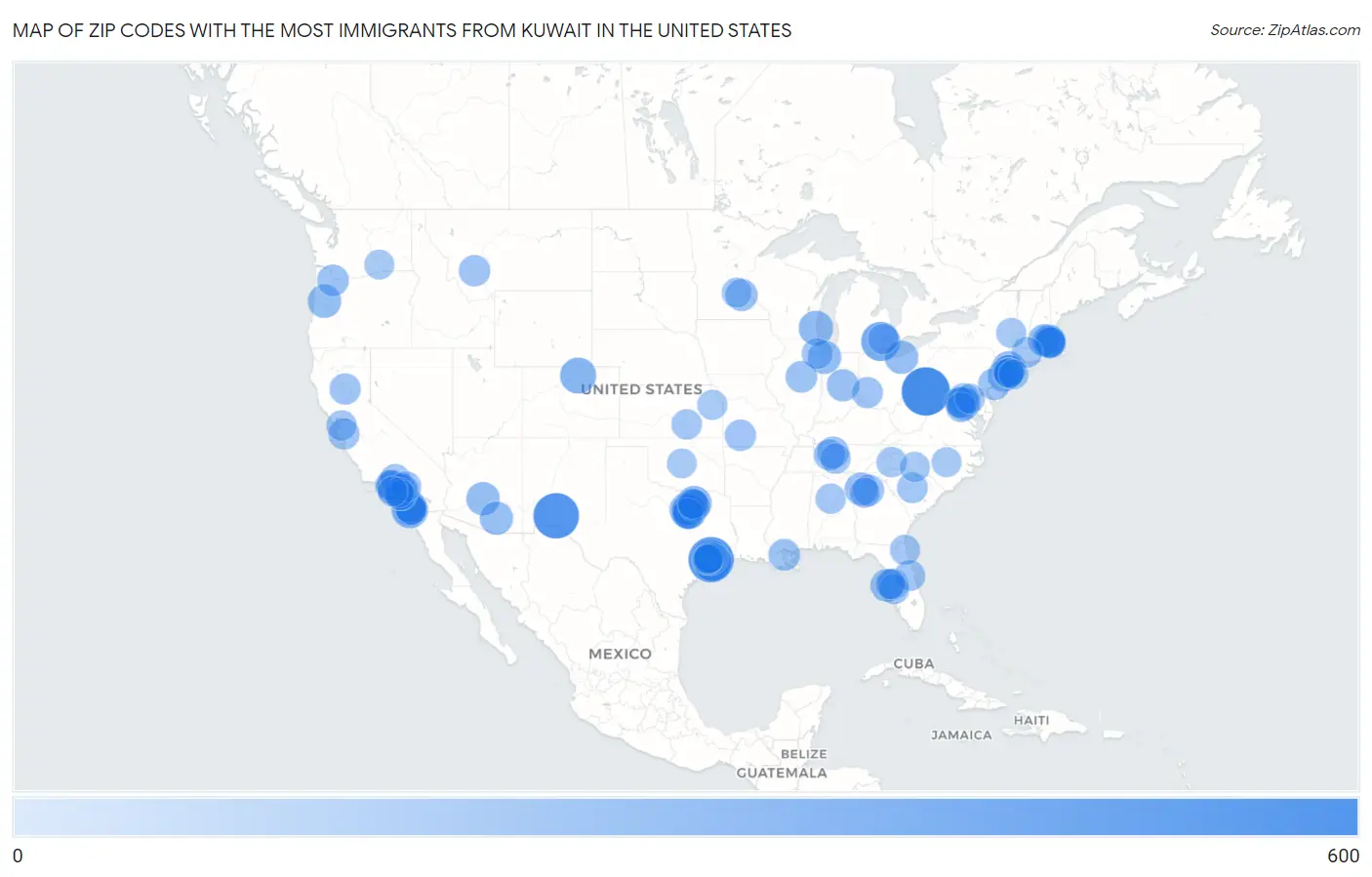 Zip Codes with the Most Immigrants from Kuwait in the United States Map