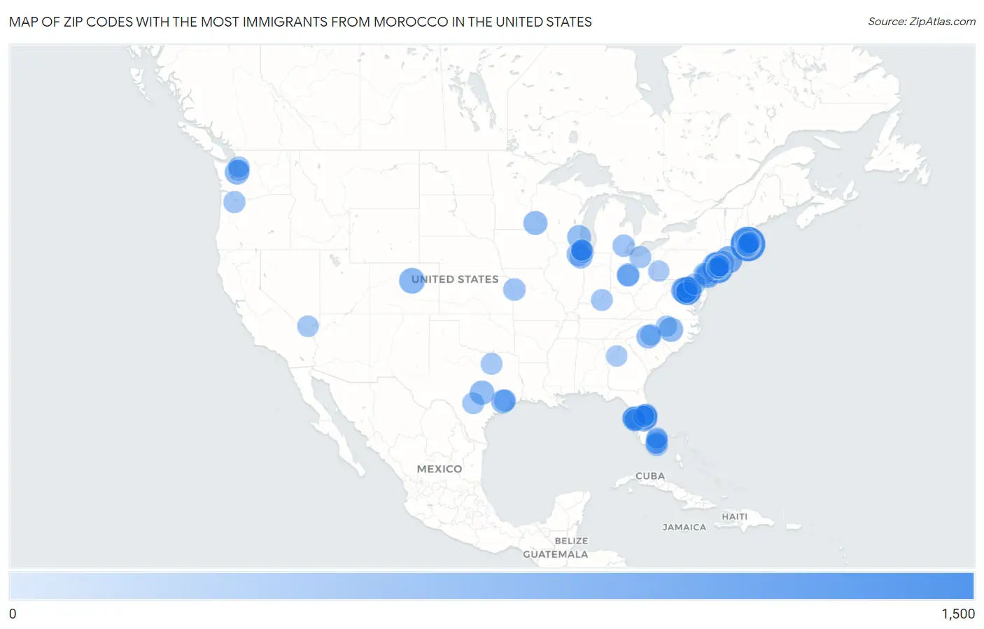 Zip Codes with the Most Immigrants from Morocco in the United States Map