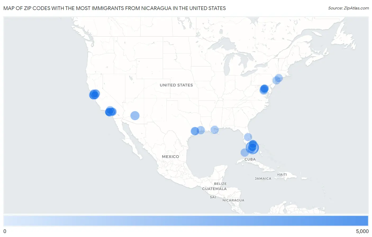 Zip Codes with the Most Immigrants from Nicaragua in the United States Map