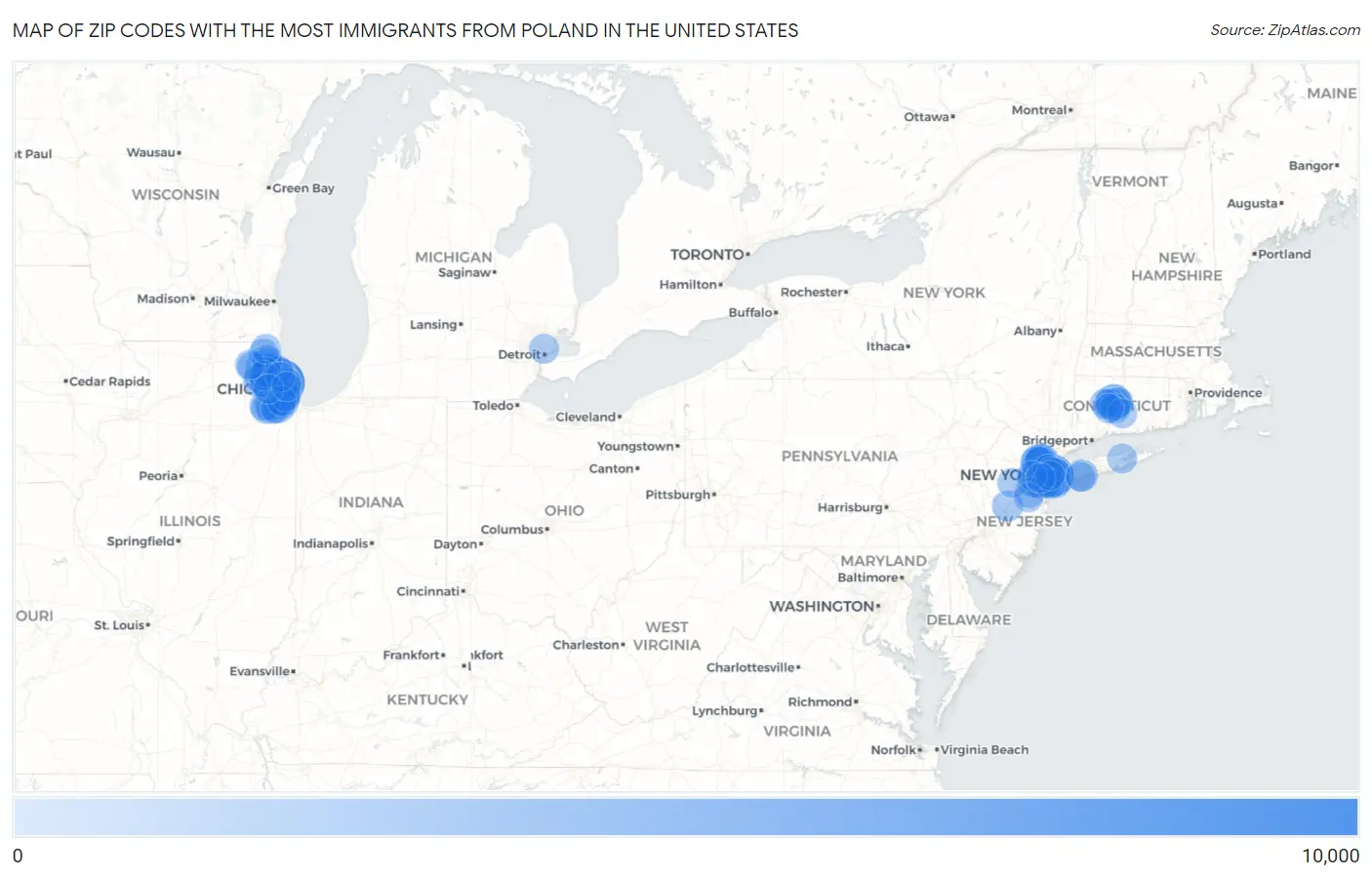 Zip Codes with the Most Immigrants from Poland in the United States Map