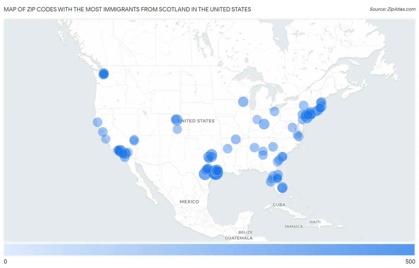 Zip Codes with the Most Immigrants from Scotland in the United States Map
