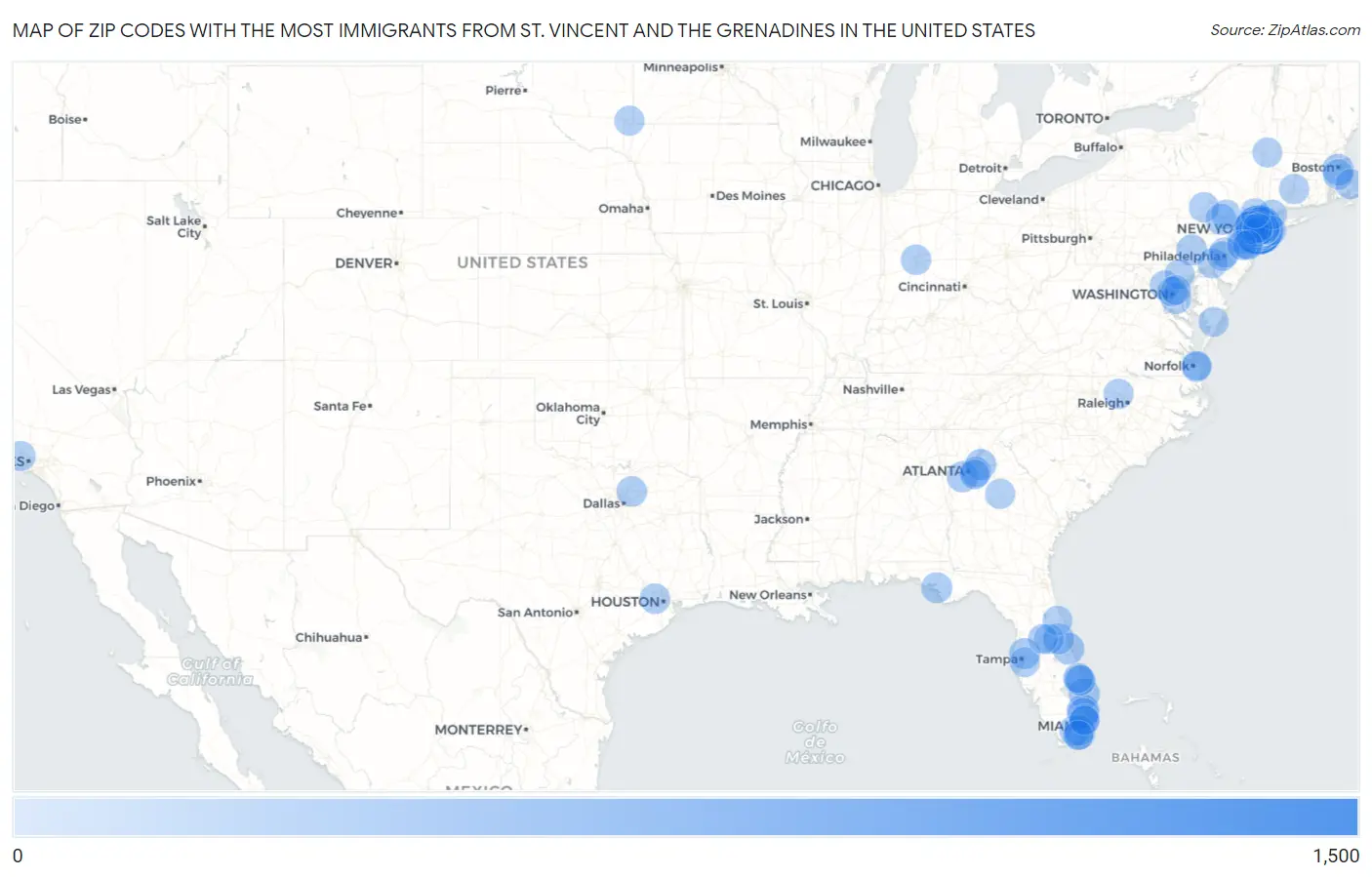 Zip Codes with the Most Immigrants from St. Vincent and the Grenadines in the United States Map