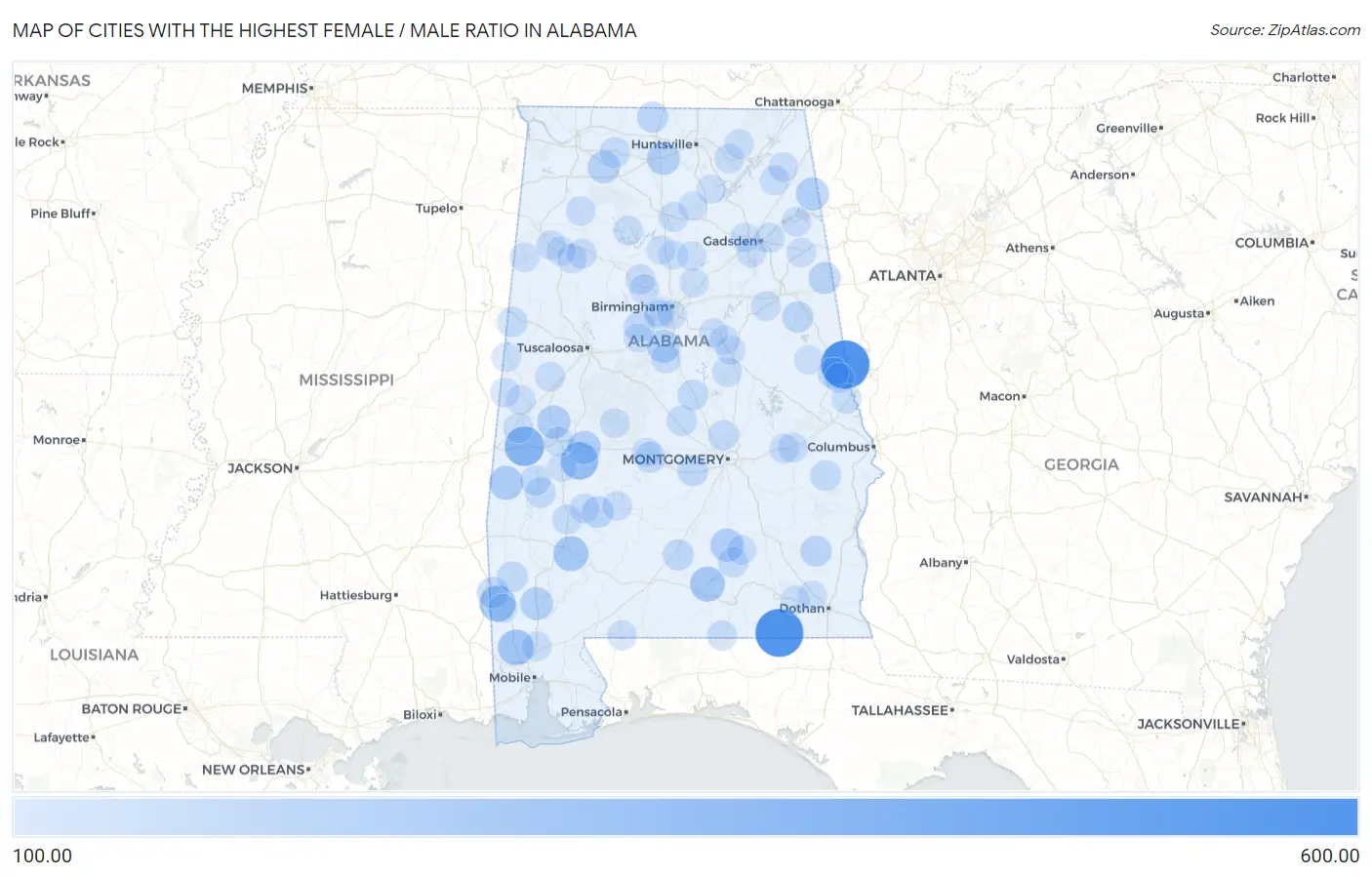Cities with the Highest Female / Male Ratio in Alabama Map