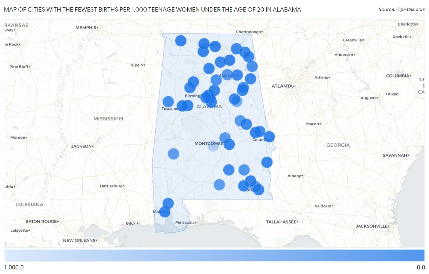Cities with the Fewest Births per 1,000 Teenage Women Under the Age of 20 in Alabama Map