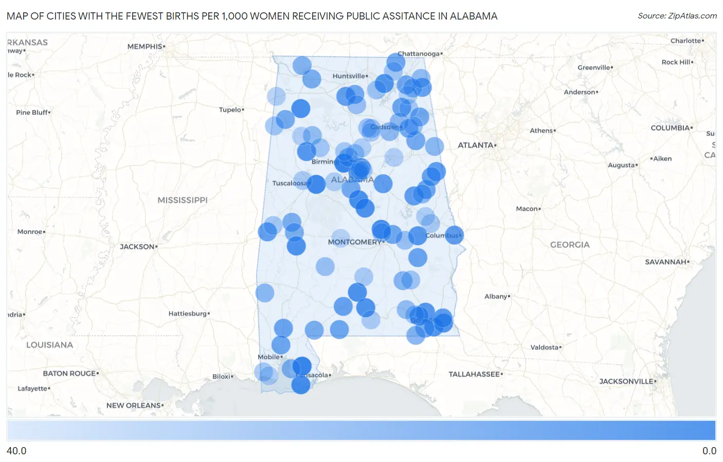 Cities with the Fewest Births per 1,000 Women Receiving Public Assitance in Alabama Map