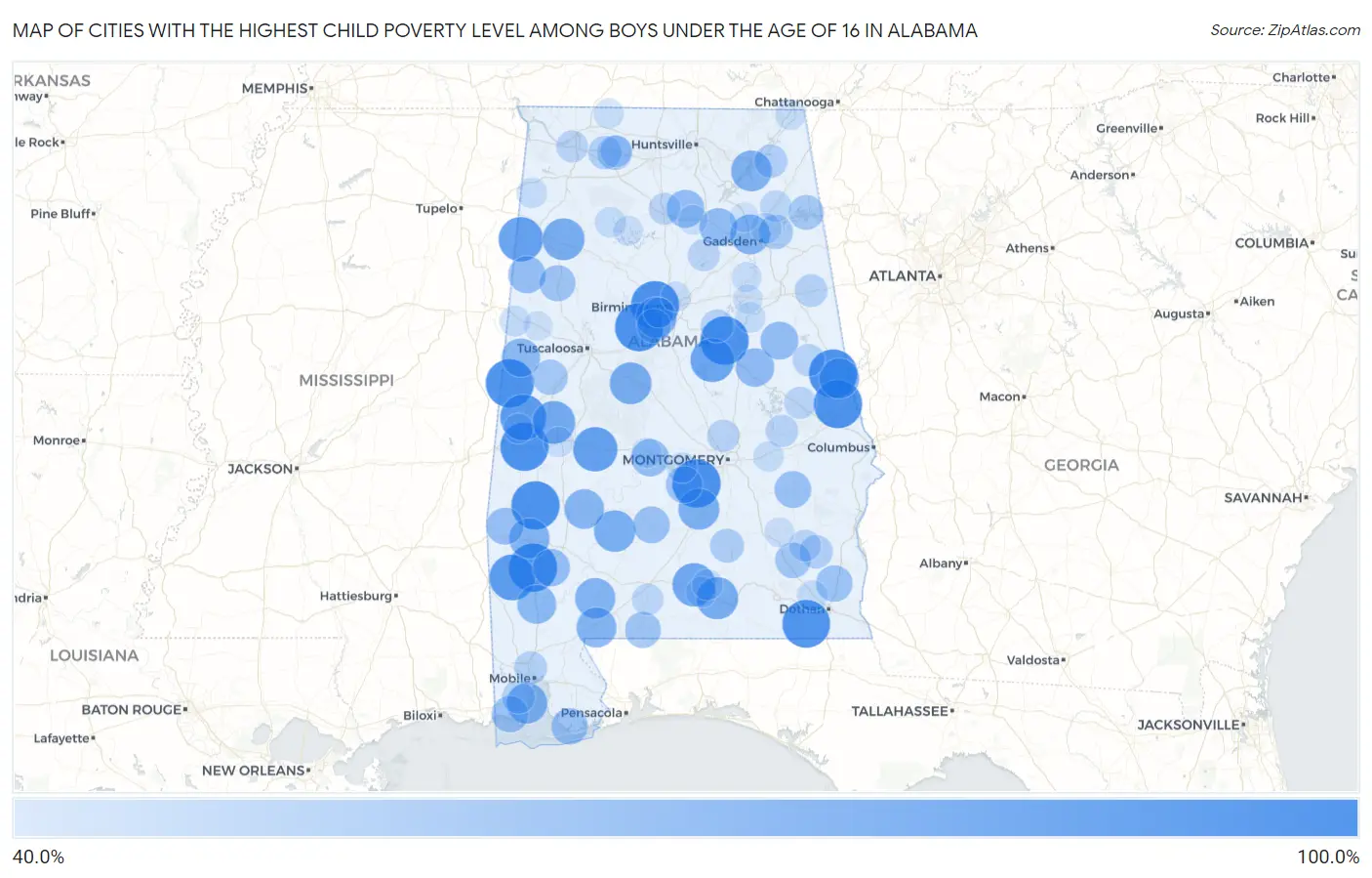 Cities with the Highest Child Poverty Level Among Boys Under the Age of 16 in Alabama Map
