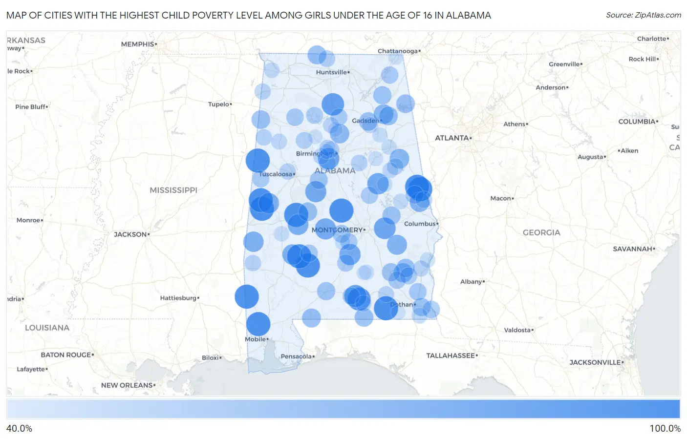 Cities with the Highest Child Poverty Level Among Girls Under the Age of 16 in Alabama Map