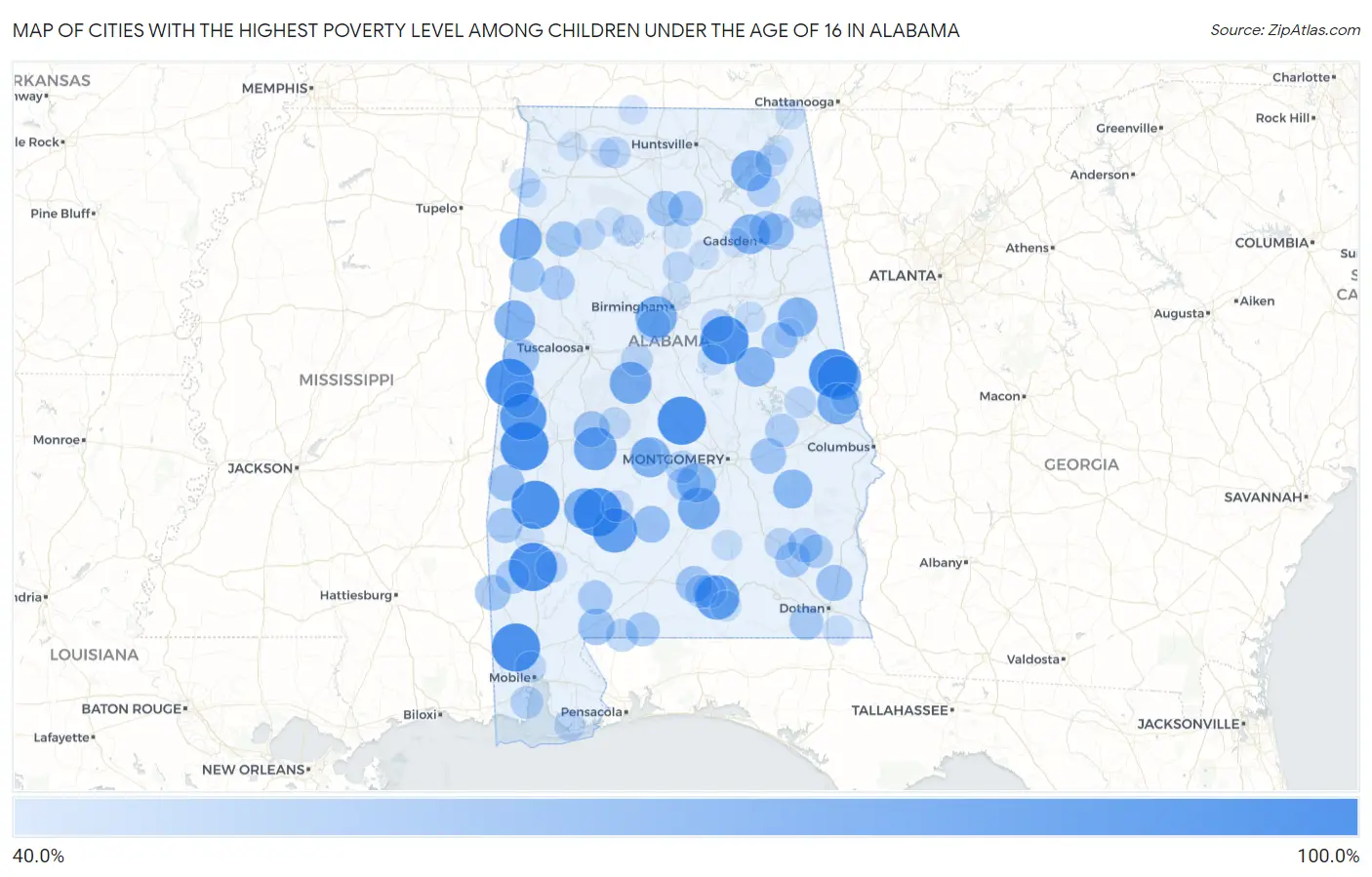 Cities with the Highest Poverty Level Among Children Under the Age of 16 in Alabama Map