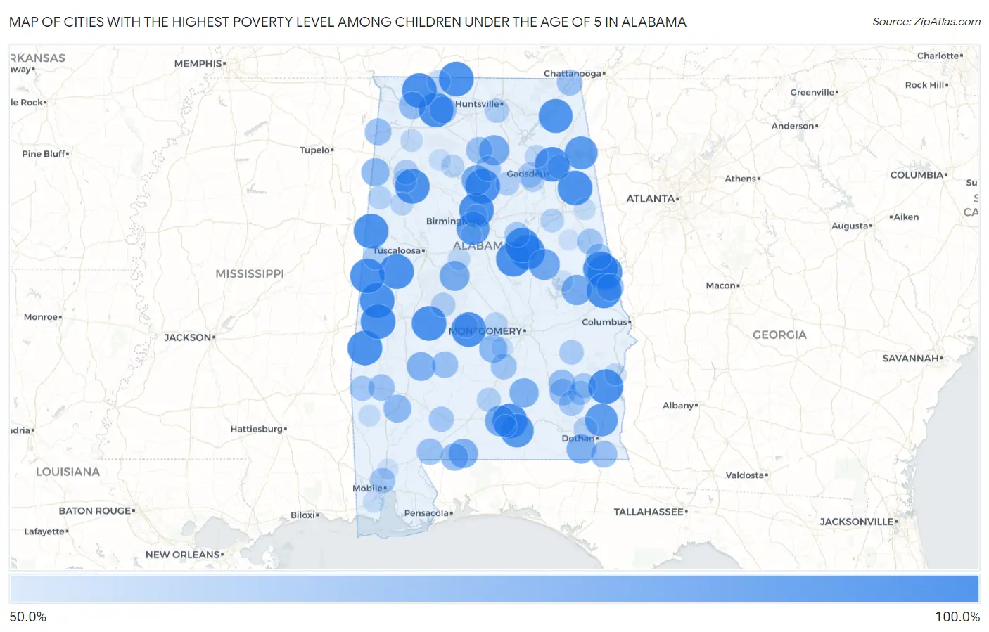 Cities with the Highest Poverty Level Among Children Under the Age of 5 in Alabama Map