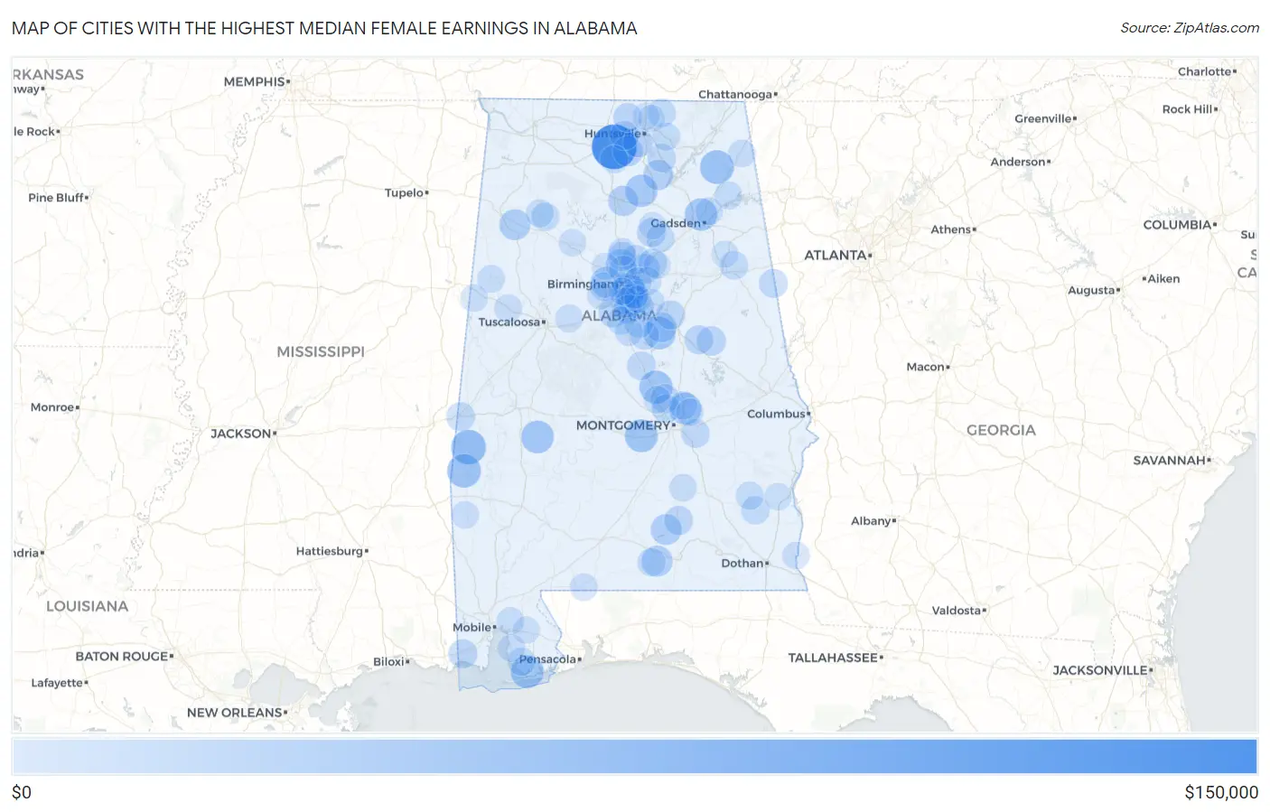 Cities with the Highest Median Female Earnings in Alabama Map