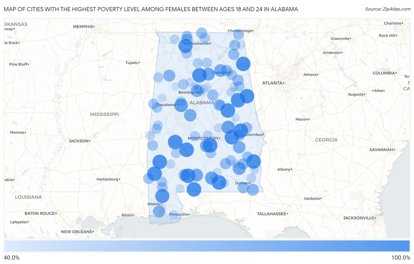 Cities with the Highest Poverty Level Among Females Between Ages 18 and 24 in Alabama Map