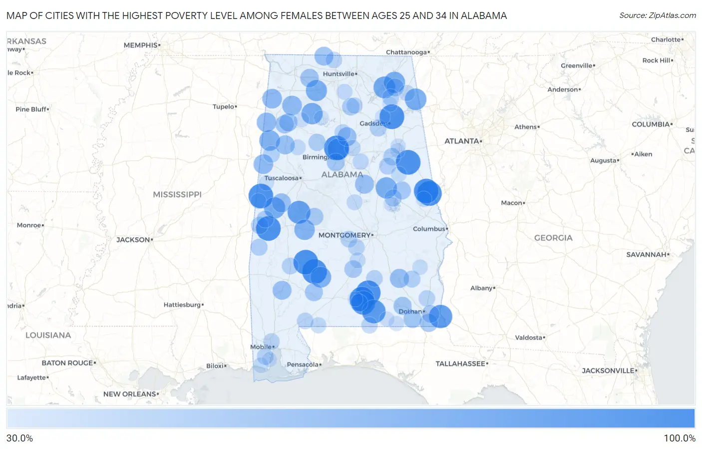 Cities with the Highest Poverty Level Among Females Between Ages 25 and 34 in Alabama Map