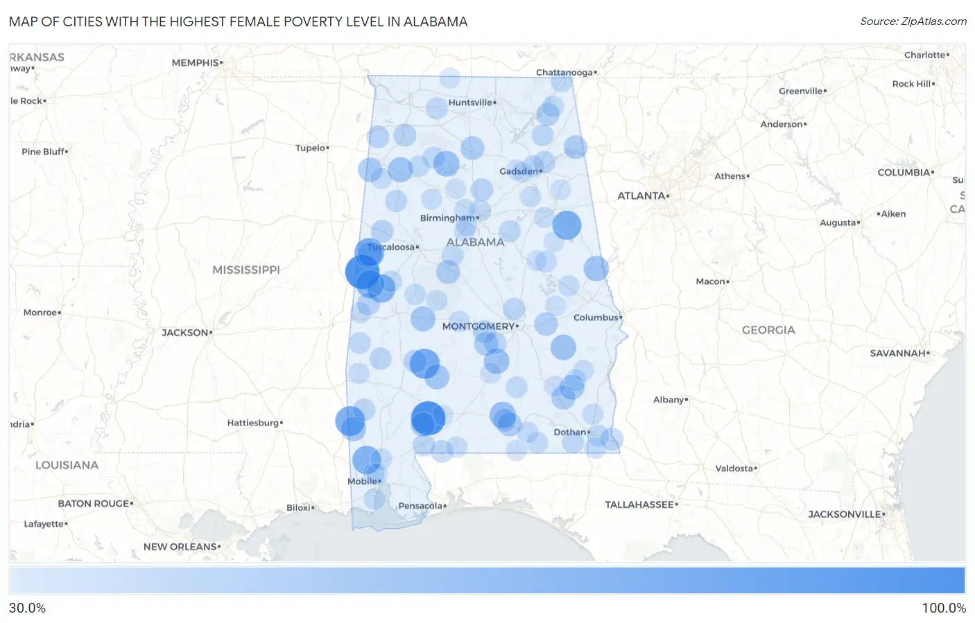 Cities with the Highest Female Poverty Level in Alabama Map