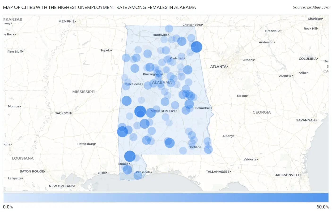 Cities with the Highest Unemployment Rate Among Females in Alabama Map