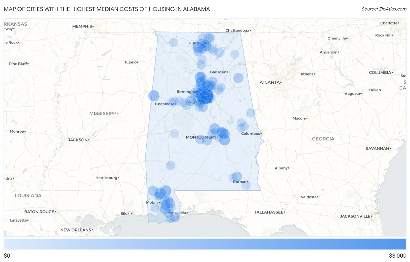 Cities with the Highest Median Costs of Housing in Alabama Map