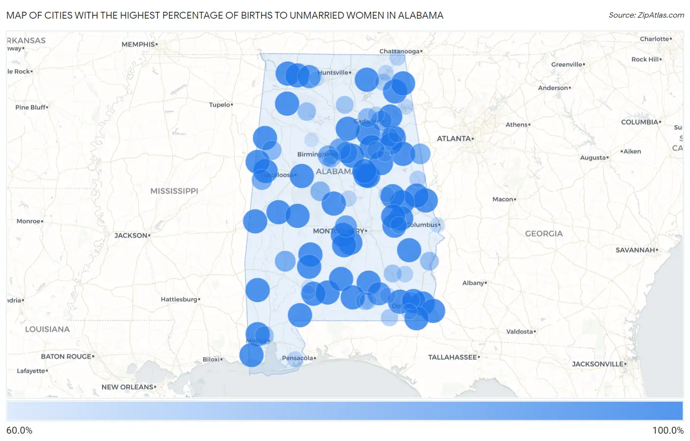 Cities with the Highest Percentage of Births to Unmarried Women in Alabama Map