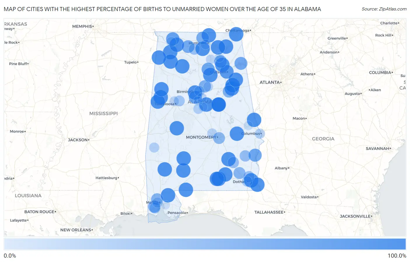 Cities with the Highest Percentage of Births to Unmarried Women over the Age of 35 in Alabama Map
