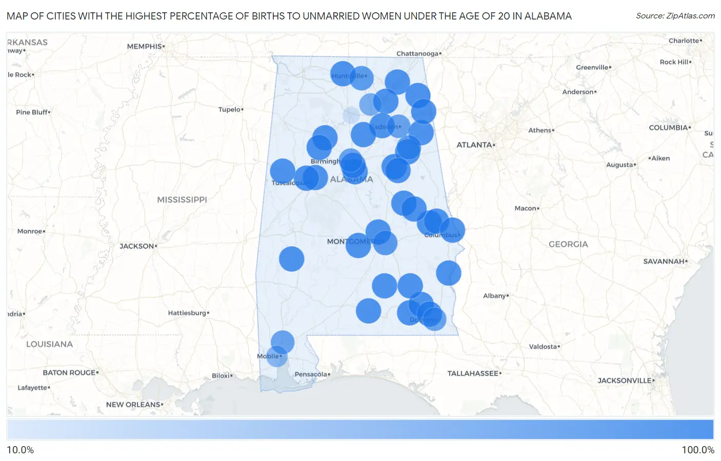 Cities with the Highest Percentage of Births to Unmarried Women under the Age of 20 in Alabama Map