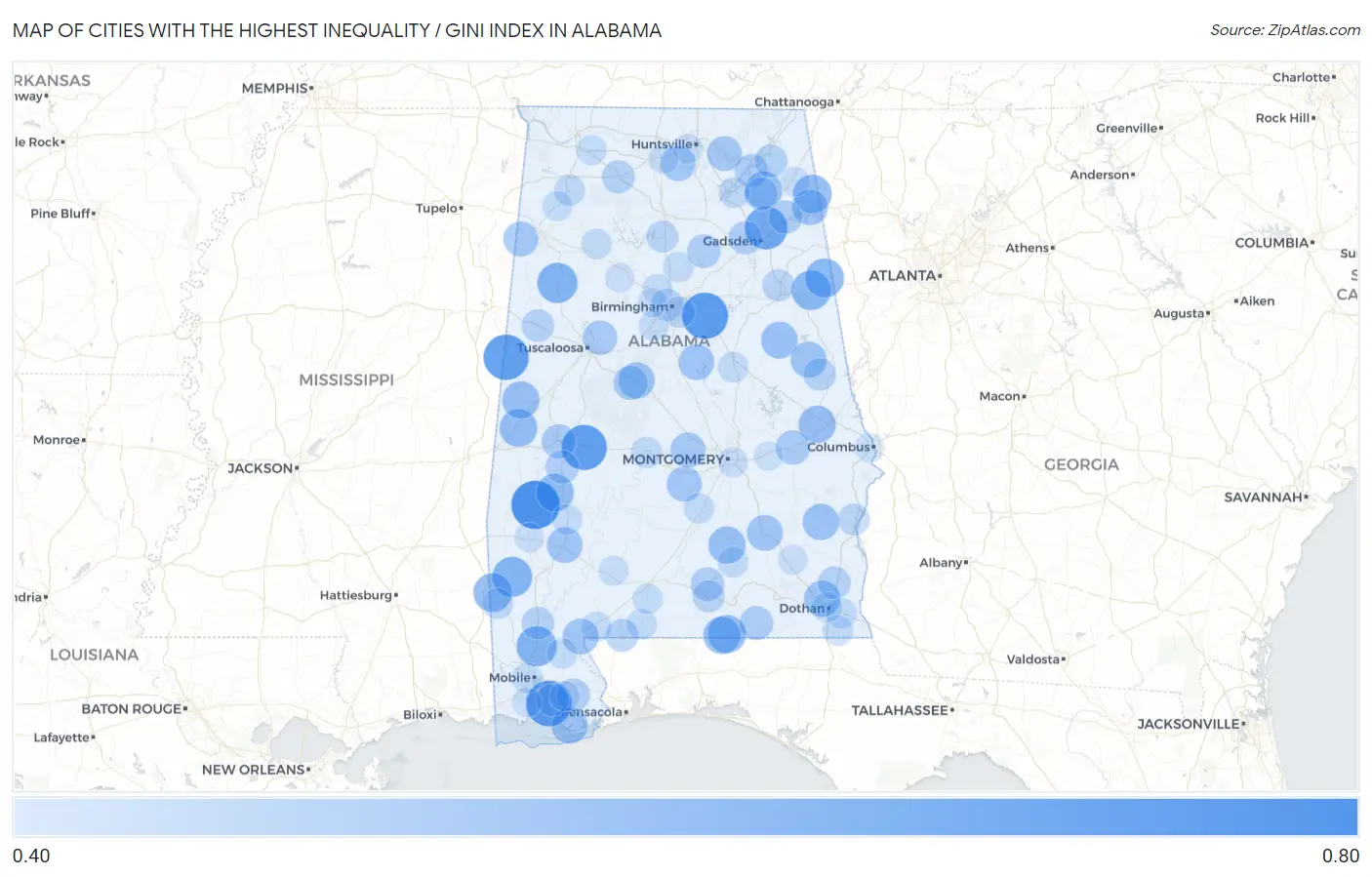 Cities with the Highest Inequality / Gini Index in Alabama Map