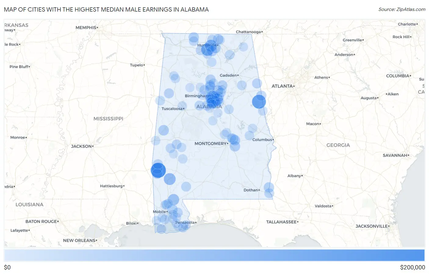 Cities with the Highest Median Male Earnings in Alabama Map