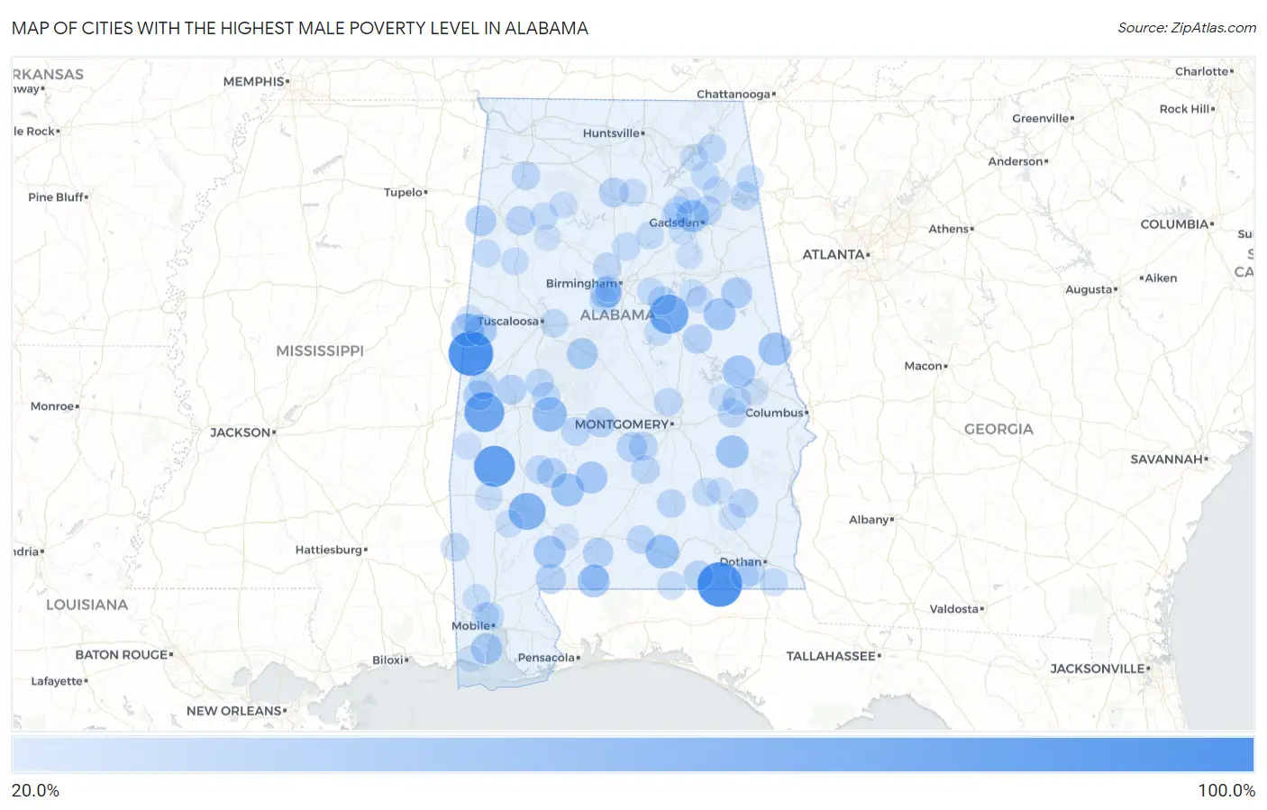 Cities with the Highest Male Poverty Level in Alabama Map