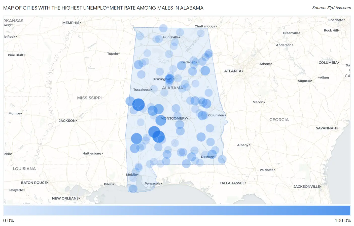 Cities with the Highest Unemployment Rate Among Males in Alabama Map