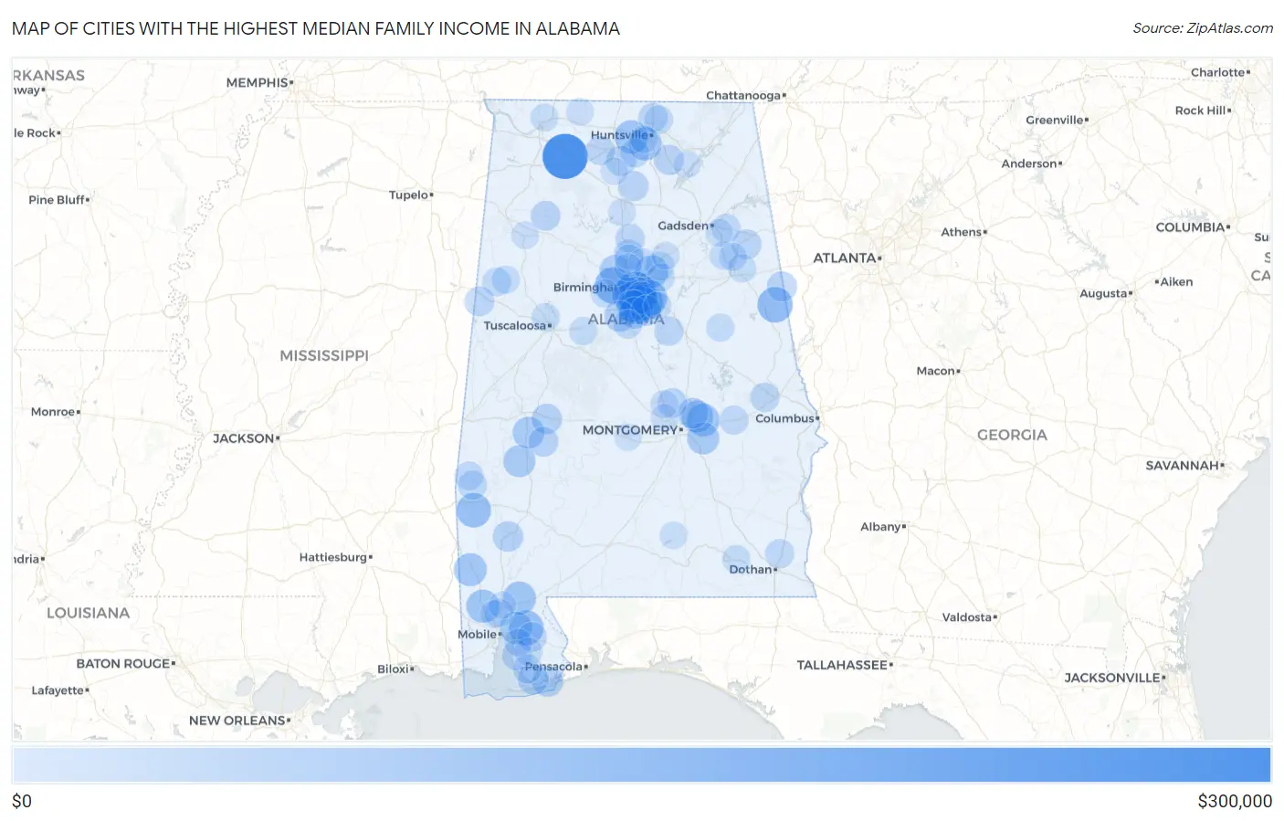 Cities with the Highest Median Family Income in Alabama Map