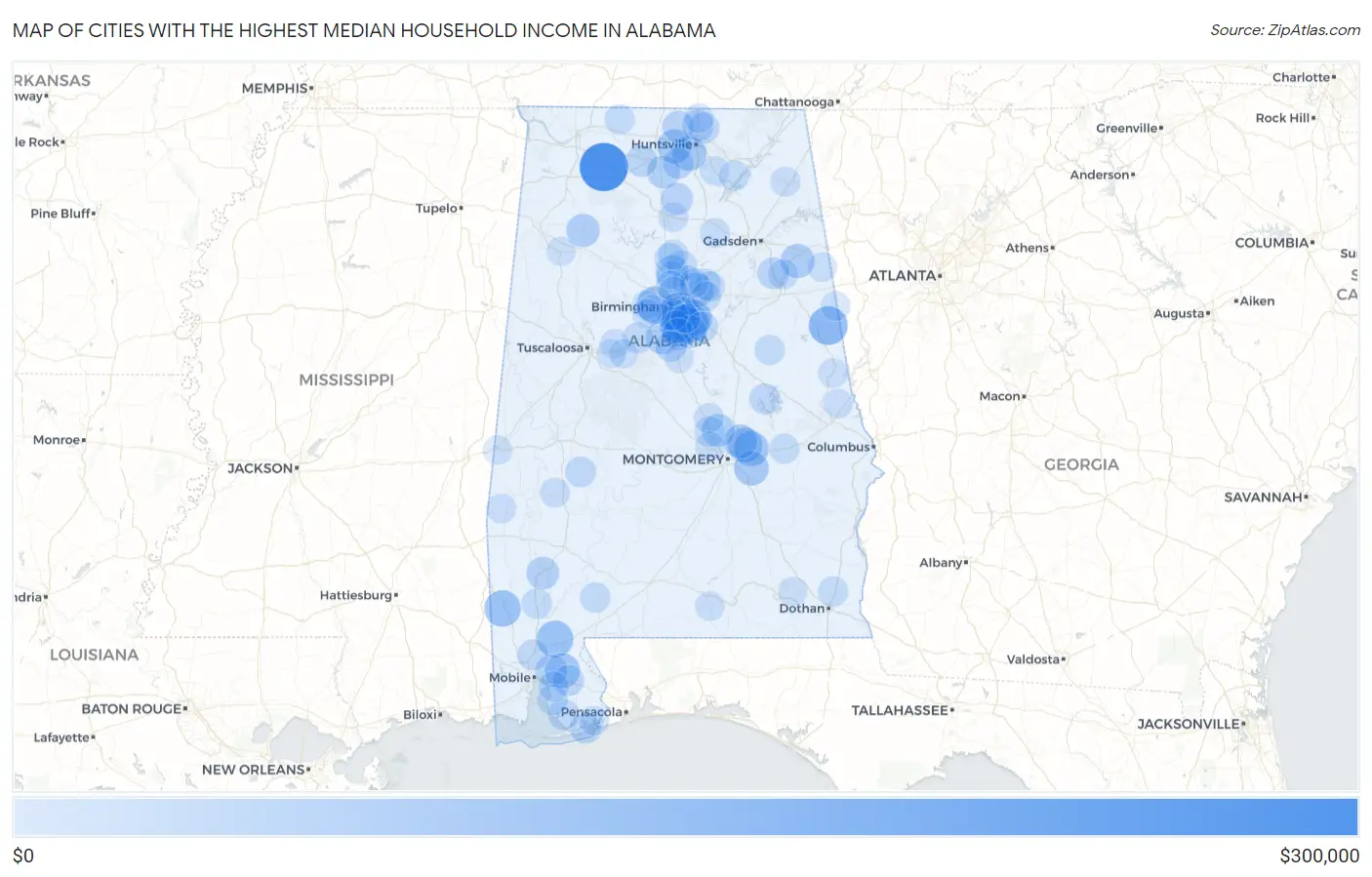Cities with the Highest Median Household Income in Alabama Map
