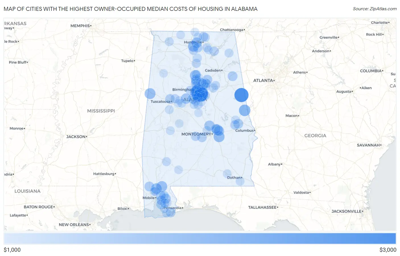Cities with the Highest Owner-Occupied Median Costs of Housing in Alabama Map