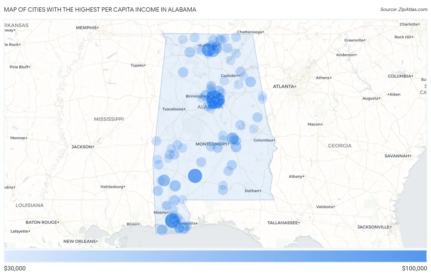 Cities with the Highest Per Capita Income in Alabama Map