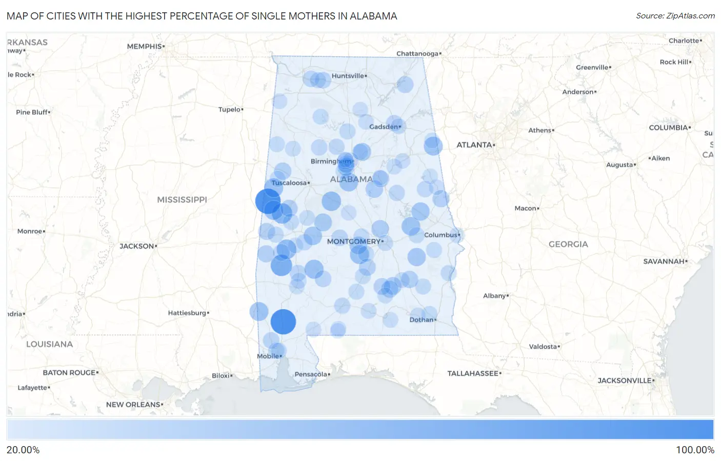 Cities with the Highest Percentage of Single Mothers in Alabama Map