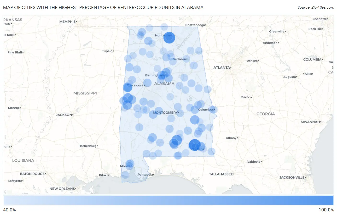 Cities with the Highest Percentage of Renter-Occupied Units in Alabama Map