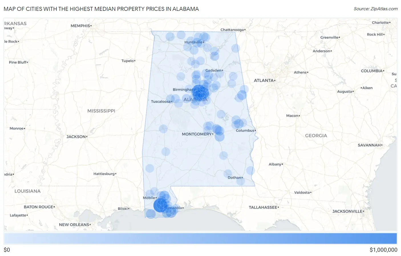 Cities with the Highest Median Property Prices in Alabama Map