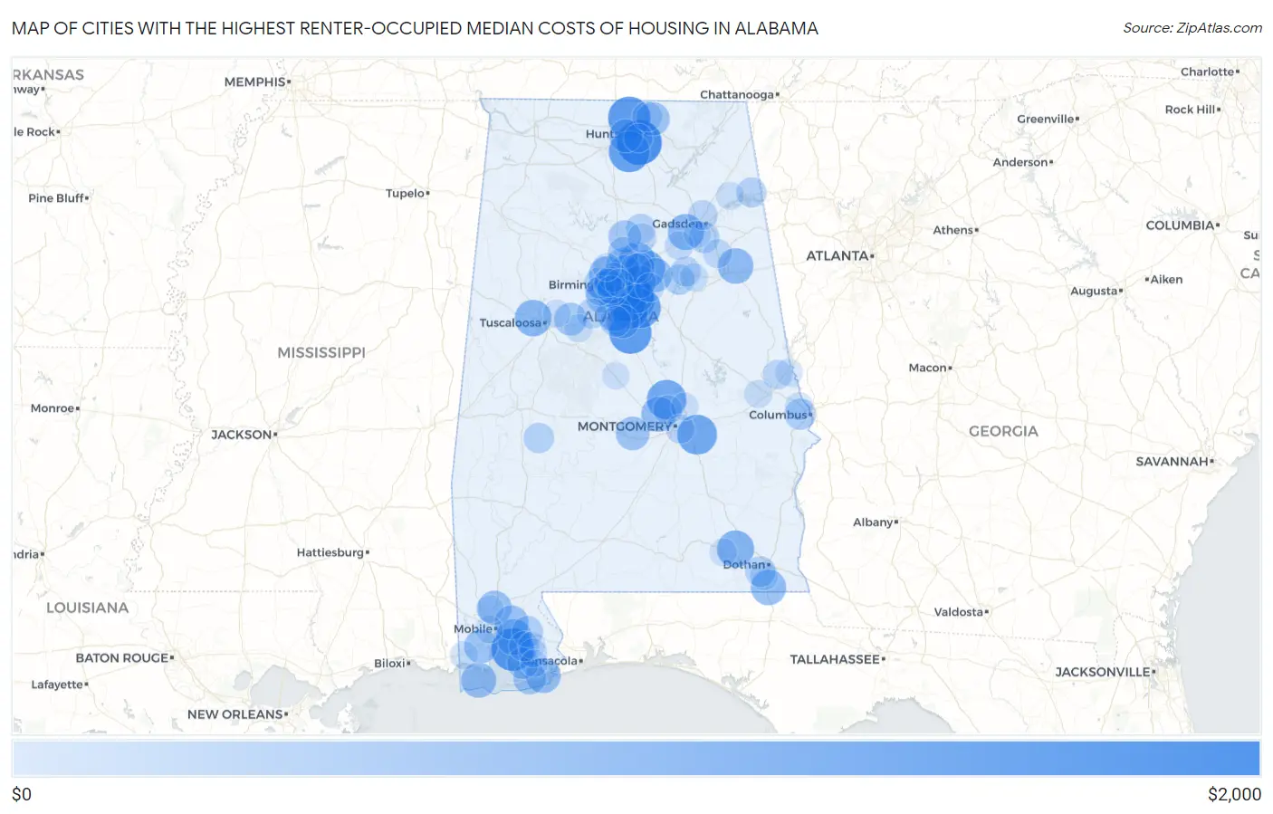 Cities with the Highest Renter-Occupied Median Costs of Housing in Alabama Map