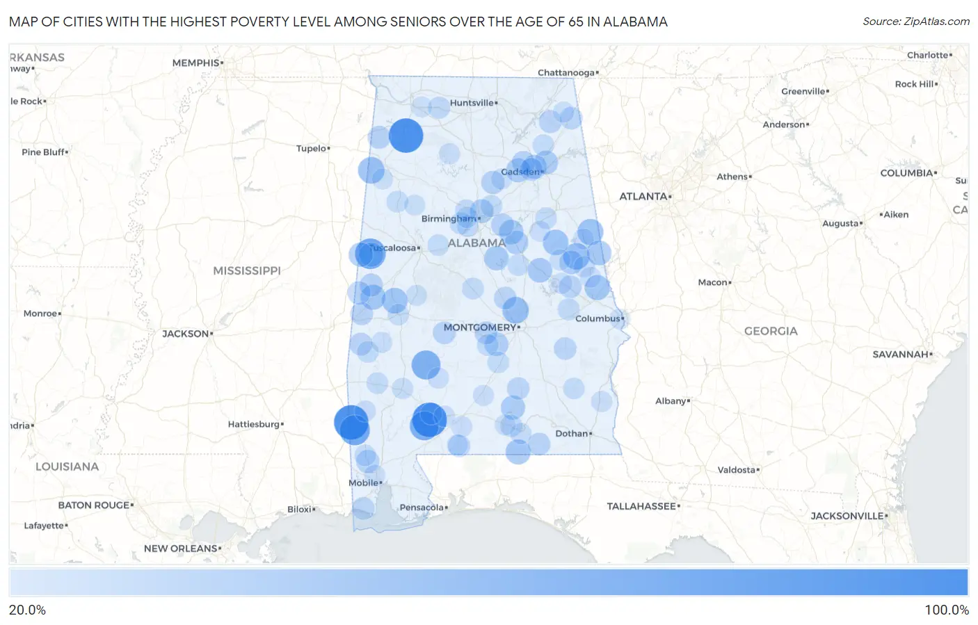 Cities with the Highest Poverty Level Among Seniors Over the Age of 65 in Alabama Map