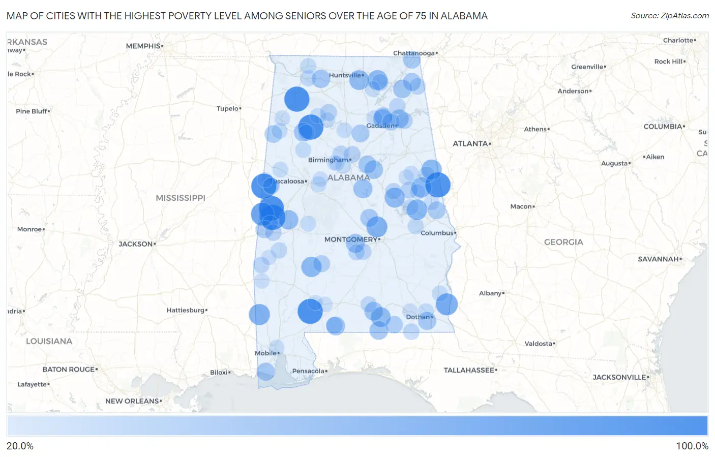 Cities with the Highest Poverty Level Among Seniors Over the Age of 75 in Alabama Map