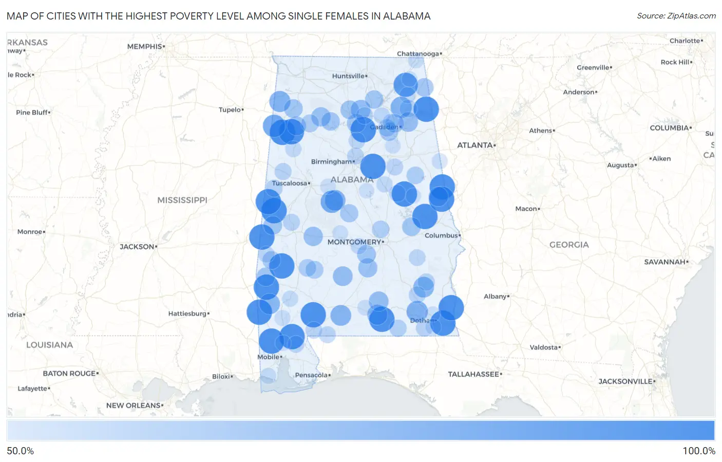 Cities with the Highest Poverty Level Among Single Females in Alabama Map