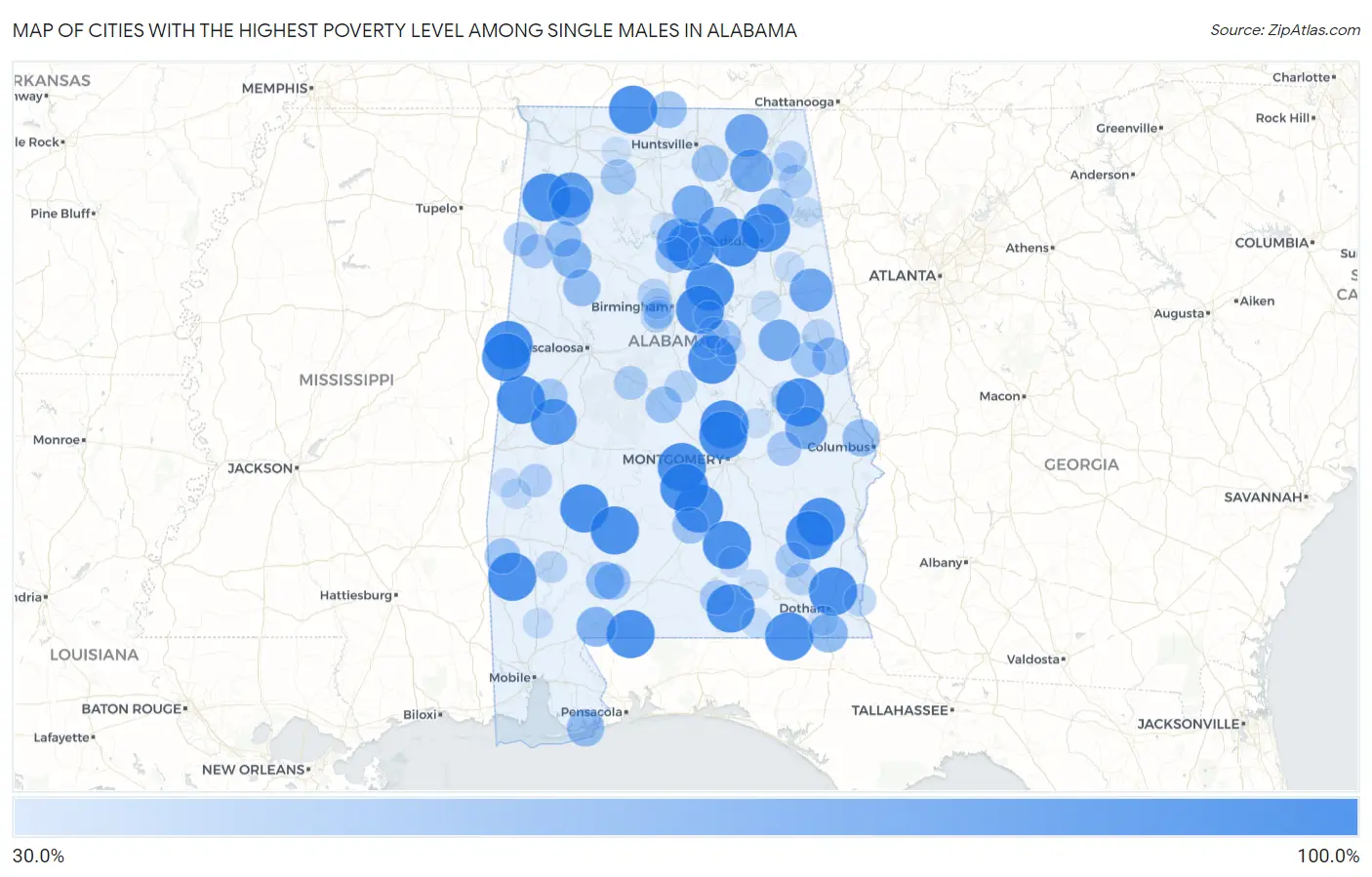Cities with the Highest Poverty Level Among Single Males in Alabama Map