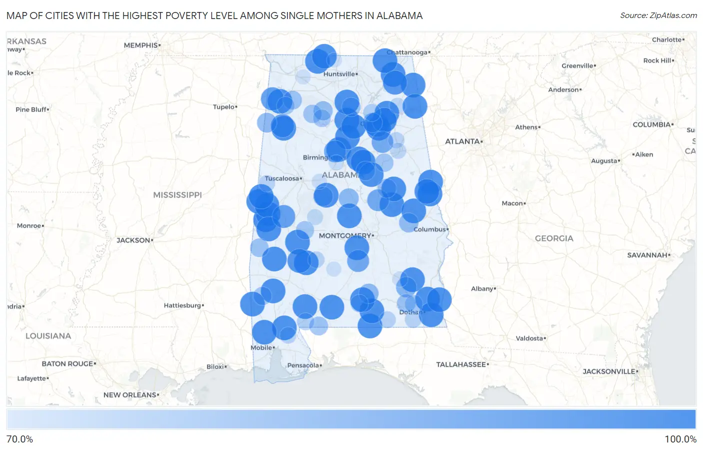 Cities with the Highest Poverty Level Among Single Mothers in Alabama Map