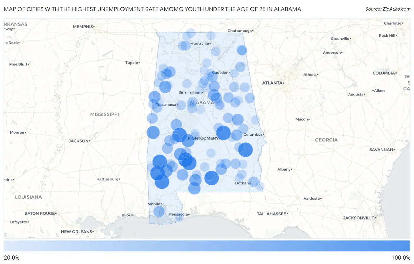 Cities with the Highest Unemployment Rate Amomg Youth Under the Age of 25 in Alabama Map