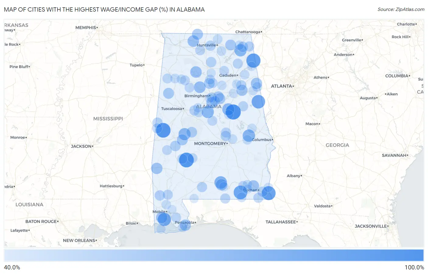 Cities with the Highest Wage/Income Gap (%) in Alabama Map