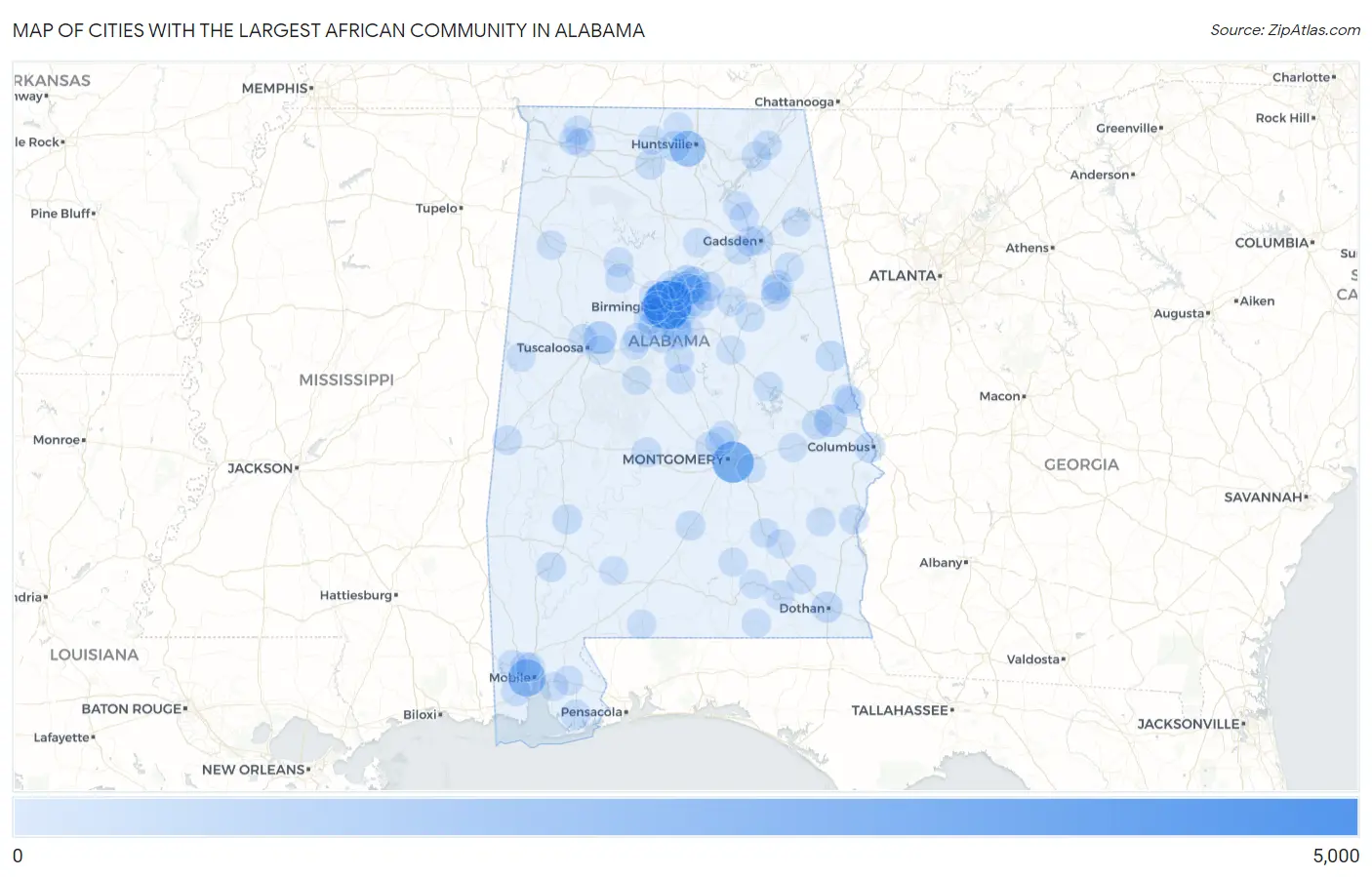 Cities with the Largest African Community in Alabama Map