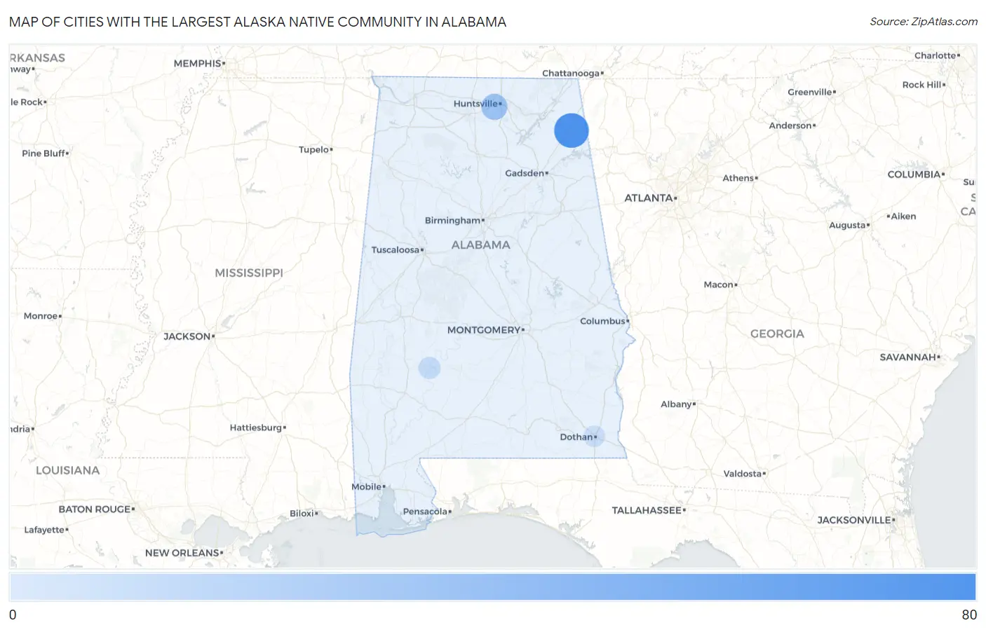 Cities with the Largest Alaska Native Community in Alabama Map