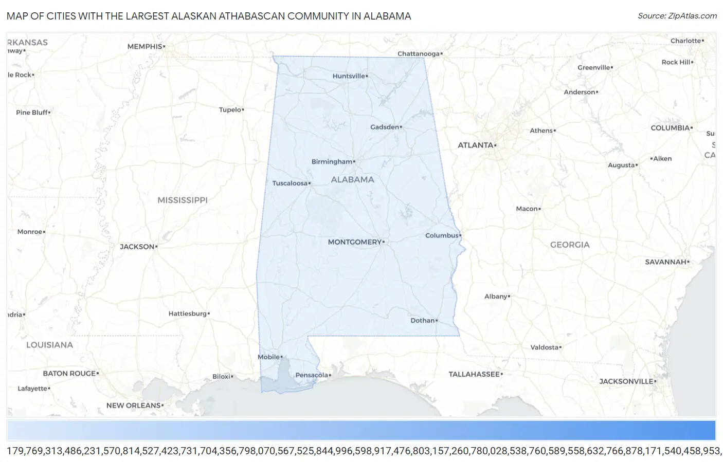 Cities with the Largest Alaskan Athabascan Community in Alabama Map